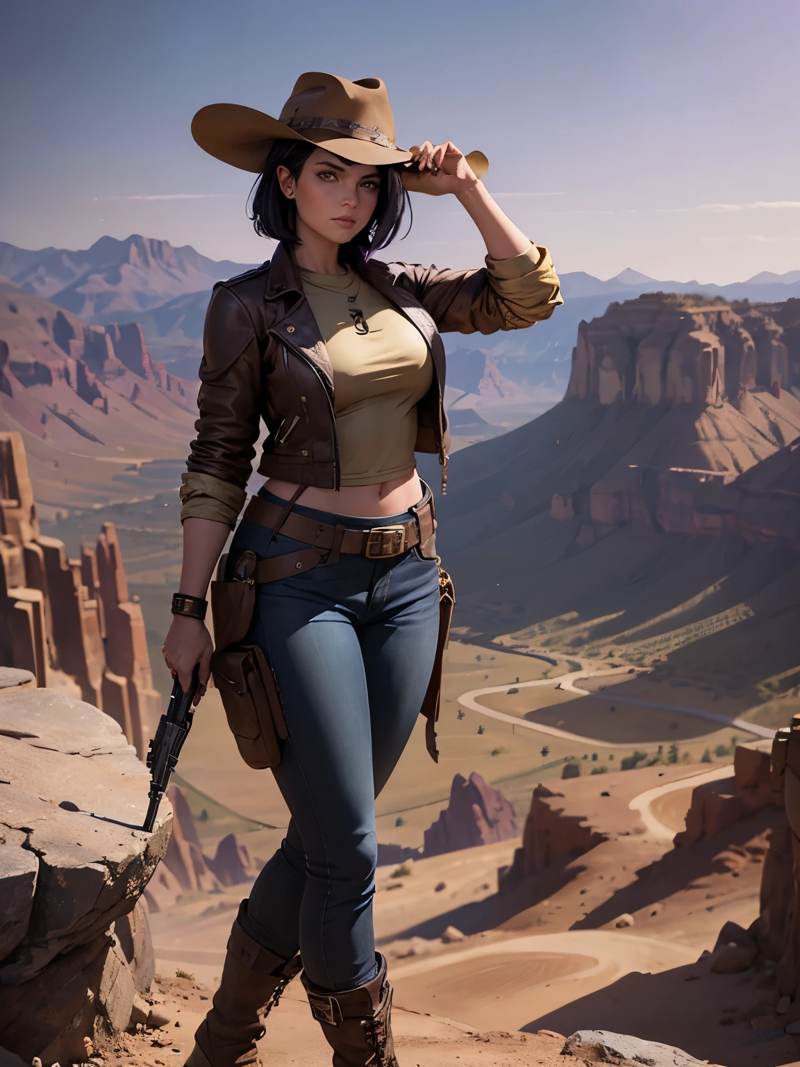  a female gunslinger with short black hair, she wears a brown leather jacket with sleeves rolled up, a (purple hat), (gold eyes:1.2), hotpants. Arizona desert background. Show her on the right standing on a cliff, looking down at a rustic town in the valley below. side view wide shot. full body. show her boots with spurrs. curvy