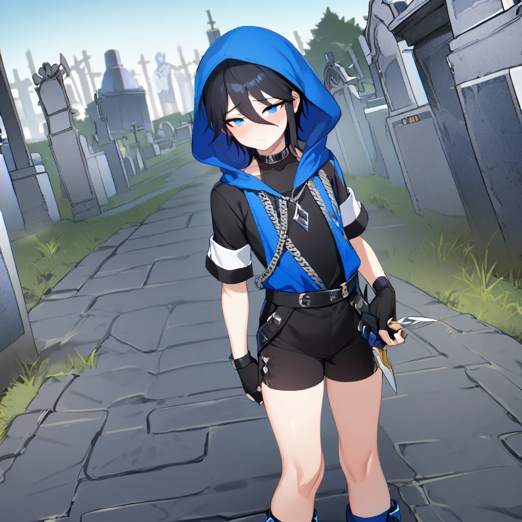 1boy, androgynus body, short black hair with blue highlights, blue eyes, shy face, black necklace, blue blouse, blue hood, black fingerless gloves, black shorts, blue boots, knife in the hand, big ass, cemetery background
