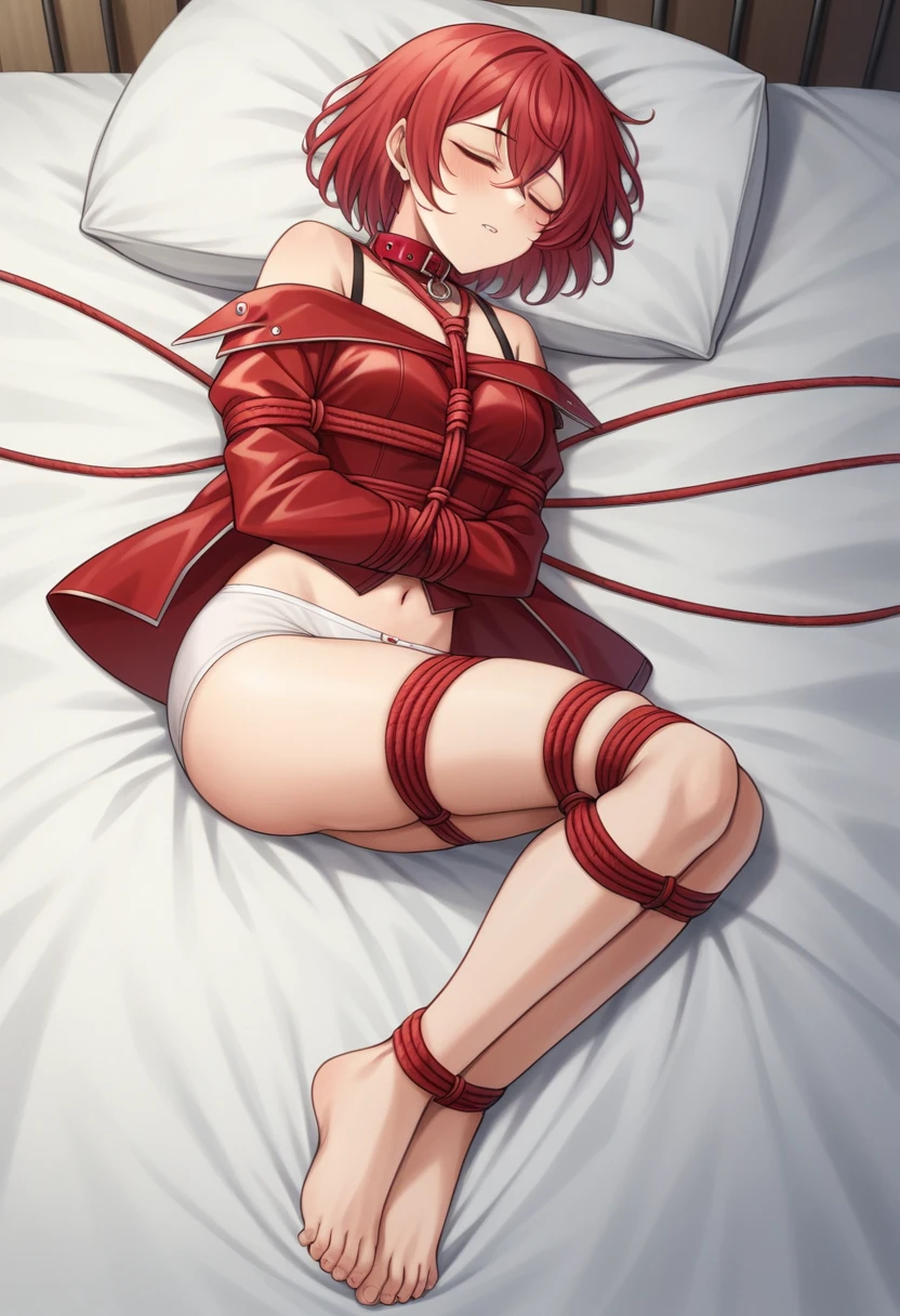 (((A 20-year-old Japanese woman with the cute face of a 18-year-old idol)))、(((Gentle and cute)))、(((A face slightly writhing in sexual pleasure)))、(((Full body portrait)))、(((Sleeping position on bed)))、((She is wearing white underwear))、((Tied up on a luxury hotel bed))、(((Wearing a red leather collar around his neck)))、(((the whole body is tied with a rope)))、(Artistic Expression)、Cleavage、Front image、bondage、Accurate、Anatomically correct、(Textured skin)、Very detailed、 Attention to detail、highest quality、High resolution、Genuine、Indistinguishable from live-action、realism、RAW Photoasterpiece