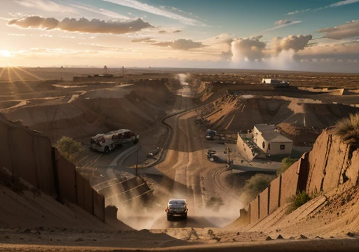 Empty road, sand desert rocky quarry, epic, absurdres, cinematic, dynamic view angle, volumetric lights, mist, cinematic, dutch angle, quarry, dust, volumetric lights, wet road after rain, mist, sunset, sun low on horizon, clouds, sand-works, heavy equipment work, landmark project, lifting sand,