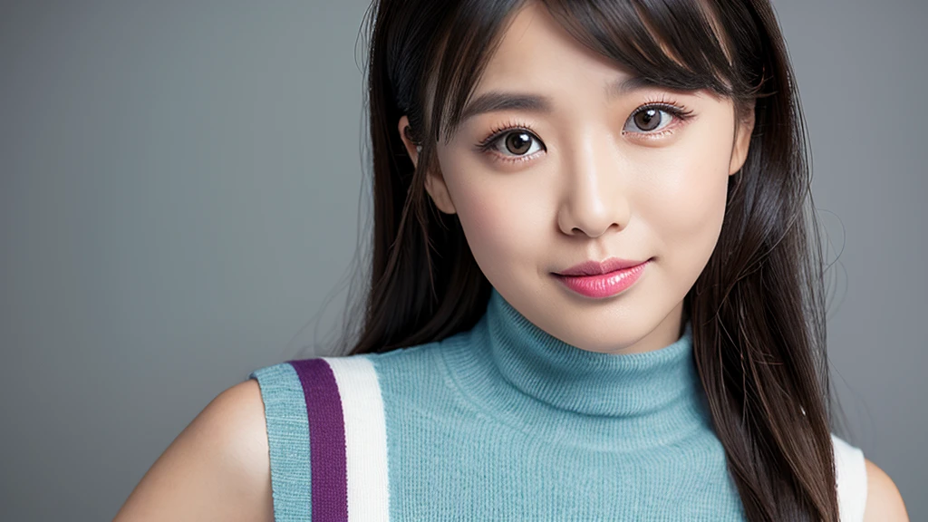 ((Detailed face)),vivid,cute,Turtleneck and sleeveless striped dress,4K,Ultra-high resolution,(Photorealistic:1.7),Gray background,Long black hair,