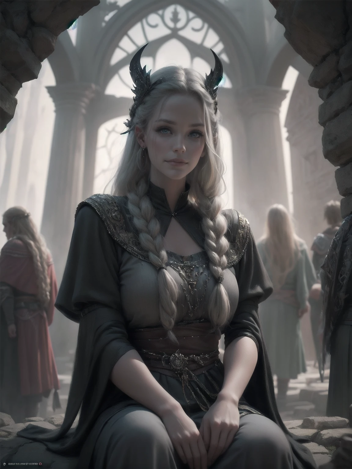 {-erro_de_anatomia:1.0} woman 30 years old, north,viking clothes, (nordic dress), dark castle, a woman (lagherta), very long blond hair (blond hair), (gray eyes) . Indifferent look , merciless. among the gods, dinamic poses, egoist smile, upper body, sitting on the ground