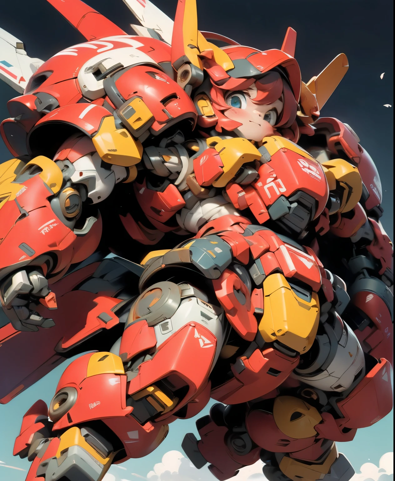 (((1 chibi girl in large red-colored robot costume, from below))), (holding weapons), (((helmet:1.5))), (((looking down:1.4))), ssmile, (chibi), (bulky:1.5), large cute face, mechanical parts, ((mechanical wings)), (full armor:1.8), (mecha armor:1.8), (shoulder guards:1.2),(huger arms), ((mechanical arms:1.5)), (short legs), (huger body:1.8), (heavy equipment:1.6), (from below), (headgear), blue sky, white clouds, robot joints, becoming a mecha, mecha, (RARS), (HRS), ROBOTANIMESTYLE, BJ_Cute_Mech,cute, girl
BREAK
((masterpiece)), vibrant colors, 8k, best quality, ultra detailed illustration, ((best quality)), ((high resolution)), flawless skin textures, shiny oiled skin, extremely detailed anime eyes , extreme light and shadow,