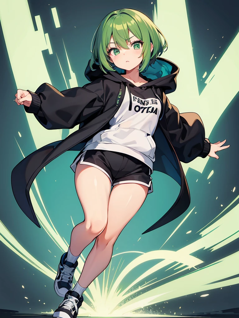 Masterpiece,High Quality,(Full Length 1.2),Animated Standing, Black Shorts,(Black and White Open Hoodie),Black Open Hoodie,(Green Hair 1.4),Animated Girl with short green hair and green eyes,(Detailed Eyes 1.6),(Clear Eyes 1.4),(Beautiful Eyes 1.4),(Shining Eyes 1 .4), White cyan, Green hair, Detailed key animated art, Animated portrait, Shining eyes, Green haired girl, Green light hair, Black shorts, Gray shoes, White socks, Thighs, 4K