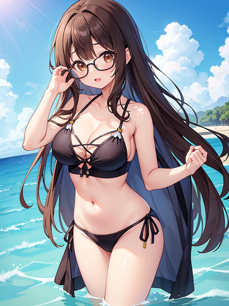 1 Female、Brown hair、Brown Eyes、Best Quality、Super detailed、8 Resolution、Raw photo、Mastepiece、Perfect Body、high resolution、Highest quality、Detailed drawing、Vibrant colors、lure、Long Hair、Black-rimmed glasses、Captivating breasts、Ocean、Swimwear