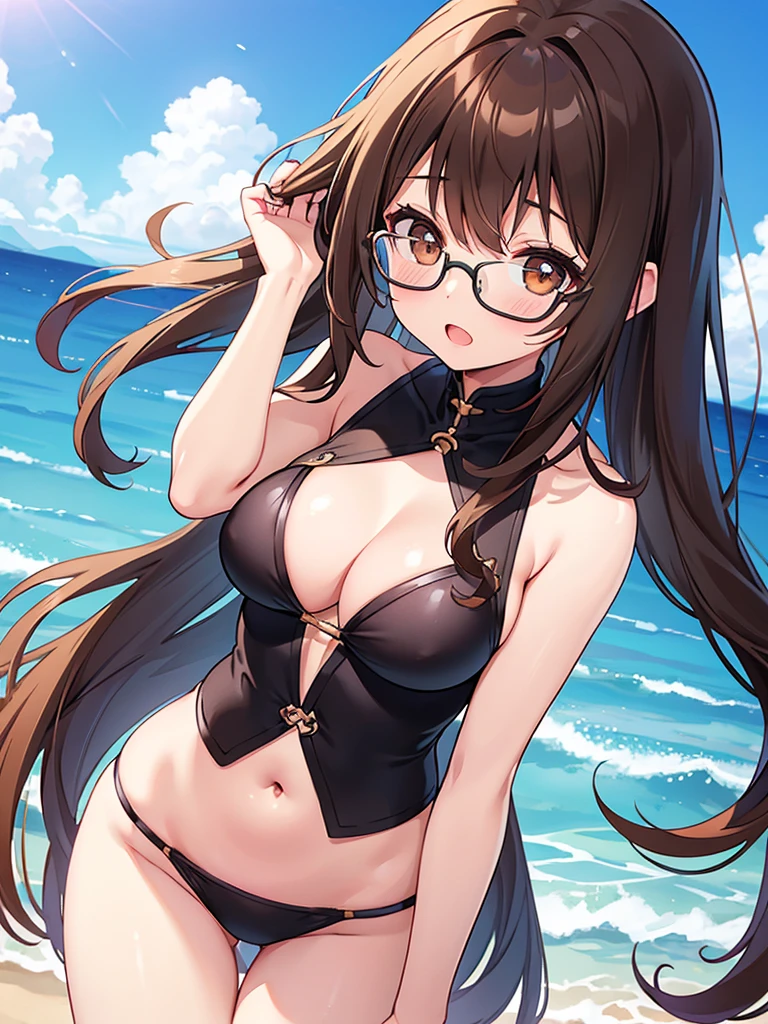 1 Female、Brown hair、Brown Eyes、Best Quality、Super detailed、8 Resolution、Raw photo、Mastepiece、Perfect Body、high resolution、Highest quality、Detailed drawing、Vibrant colors、lure、Long Hair、Black-rimmed glasses、Captivating 、Ocean、Swimwear