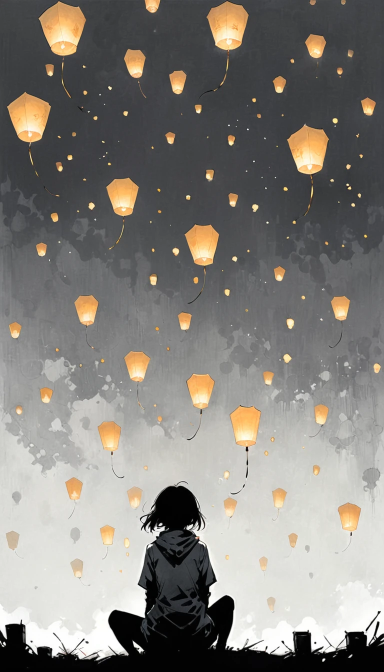 (Ashley Wood (Ashley Wood) style of:1.1),
1 Girl,Spread your knees apart,Bring your feet together,?,large areas of white space,grey_background,minimalist background,sit,At the bottom of the screen,(look up:1.5),from the side,comics,,Wishing paper lanterns in the sky