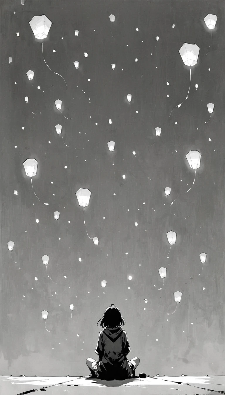 (Ashley Wood (Ashley Wood) style of:1.1),
1 Girl,Spread your knees apart,Bring your feet together,?,large areas of white space,grey_background,minimalist background,sit,At the bottom of the screen,(look up:1.5),from the side,comics,,Wishing paper lanterns in the sky