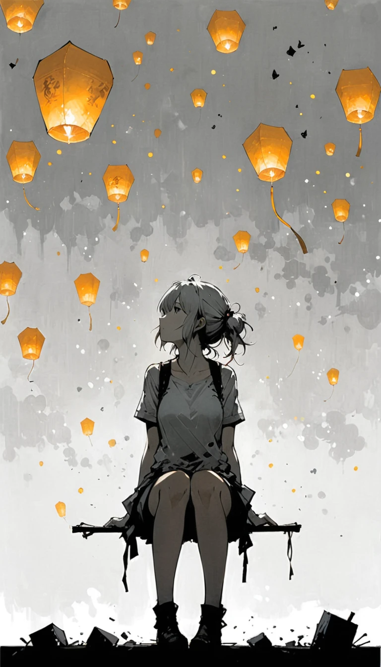 (Ashley Wood (Ashley Wood) style of:1.1),
1 Girl,Spread your knees apart,Bring your feet together,?,large areas of white space,grey_background,minimalist background,sit,At the bottom of the screen,(look up:1.5),from the side,comics,,Wishing paper lanterns in the sky