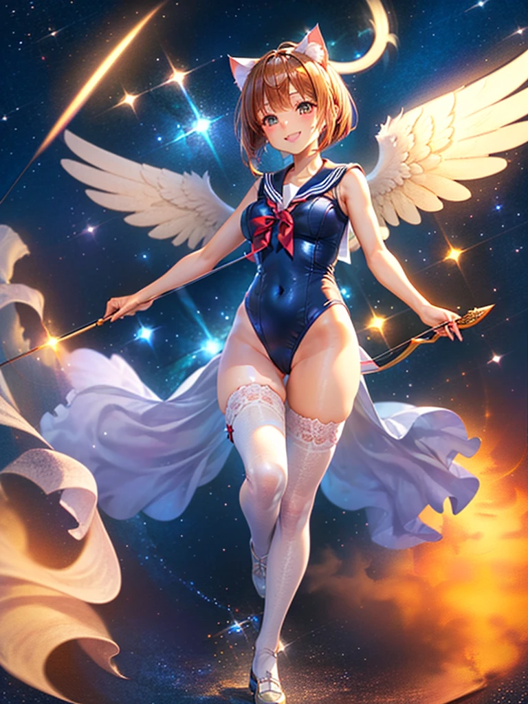 Highest quality,Highest Resolution,Masterpiece,(((A beautiful girl in a sailor leotard with a smile on her face))),High leg,Frills,White knee-high stockings,,Red tie,(((Cat ear))),(((Halation))),Brown hair short bob,(((Elaborate:archery))),White angel wings on the back,universe,Milky Way,Meteor,dark,Bow of Light,whole body,Bow of Light,A distant view,Side view,(((Draw the bow))),Halo,弓を引いている,