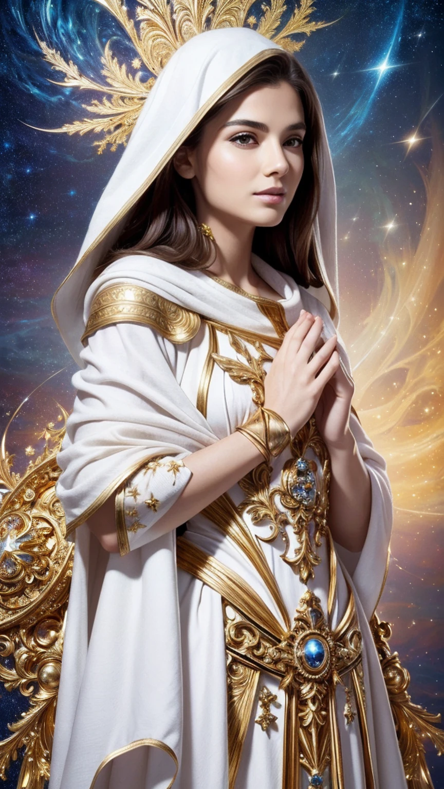 (Masterpiece, Top Quality, Best Quality, Official Art, Beauty and Aesthetics: 1.2), (1 ultra hot gorgeous European woman, age 23), Extreme Detail, (Fractal Art: 1.3), Colorful, Supreme Detail, Perfect Face, Upper Body, HDR, Prayer, (White Cloak Golden Lines: 1.2), Starry Sky, Shooting Star, Light Stripes, Surrealism.