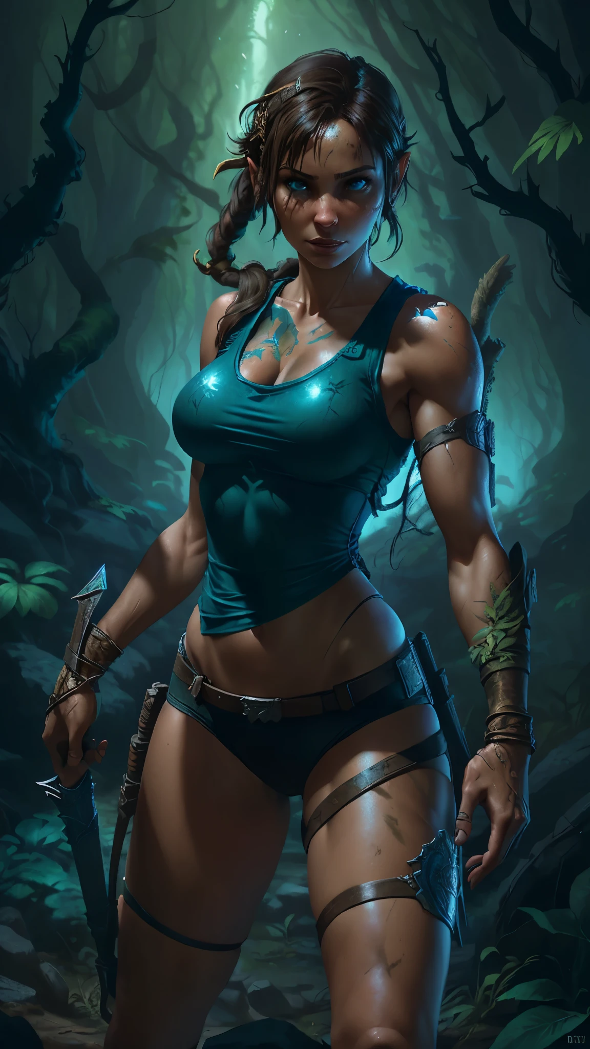 Lara Croft Tomb Raider, (blue tank top:1.4) , torn, sexly, Goddess of sensuality, perfectbody, Perky and perfect breasts, Angelic beauty, (Body with curves:1.4) , sultry posing, fully body, Scenery and an Enchanted Forest, Hyper Realist, strong and vibrant colors, 1girl, solo, one girl, Epic Fantasy Art Style HD, 4K fantasy art, epic fantasy digital art style, epic fantasy art style, Fantasy Woman, epic fantasy art portrait, Epic fantasy style, hyperrealistic fantasy art, hd fantasy art, Epic fantasy character art, epic fantasy art, in style of dark fantasy art, epic fantasy digital art, (Lara Croft Tomb Raider:1.4), (cinematic lighting :1.4), (perfect anatomy :1.4), (dark forest background wild plants :1.4),( Lara Croft Tomb Raider:V2.1), (pose vaquero), (face detailed :1.4)