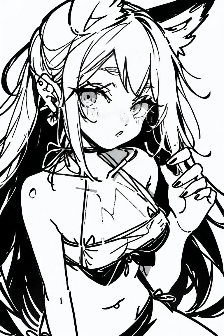 beautiful 1 girl, whole body, adolescent, Alone, (very long hair down to the waist, straight,: 1.28), (big fox ears, medium breasts, neckline, (thin hips, thin waist , athletic body: 1.25),  bottom, looking away, (usando Alone un bikini: 1.5), groping the chest, kneeling in the sand, Masterpiece, Best Quality,trabajo de renderizado 2D ,2DMM style, close up, portrait, 2D,