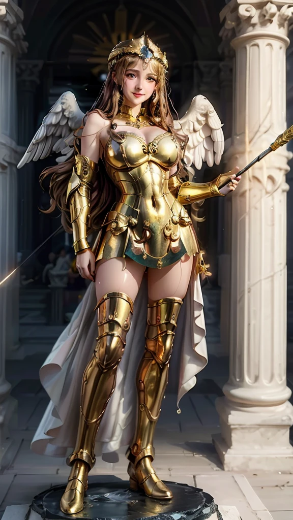 a statue of a woman holding a spear and a flag in front of a building with pillars and columns, Greek goddess athena, the god athena, athena goddess of wisdom, golden goddess athena, goddess da mitologia grega, 
 marble, a goddess grega afrotita, Greek goddess, old Greek goddess, Winged Victory!!!, estilo neoclassicismo, Venus goddess Athena, Artwork, best quality, (()), ((18 years old)), ((female )), clearly see the face, cute agers, Perfect Anatomia, wet, happy grin, realisitic face, realisitic, dynamic side lighting, perfect lighting, dynamic pose, dynamic angle, (1 girl), focus only, smallbreast, ((Loli,Photoreal ,hug, looking ahead at viewer, FEMALE FOUR-WINGED ANGEL, with his arm raised, greek style, realisitic, mediável, Classic style, classical painting, realisitic PAINTING, golden ornament, golden shoulder, golden wings, maiden, goddess, roman GREEK MUSE, roman, long hair, golden hair, Resolução 8k, STYLE PAINTING Angelika Kauffmann, William-Adolphe Bouguereau STYLE PAINTING, realisitic, (best quality, 4K, 8k, A high resolution, Artwork:1.2), ultra details, Retrato realisitic, detailed expression, Funny posture, dreamy atmosphere, expressive brushstrokes, mystical atmosphere, artistic interpretation,beautiful curly hair，Delicate floral jewelry， Amazing fresh style outfit, a whimsical illustration, Subtle colors and tones, Mystic aura,Details have been updated, 
(Moist skin:1.1), (sensual face:1.5), ([long hair]:1.8), (standing full body image:1.8), ([long hair]:1.8), (all-body:1.8), (best quality, 4K, 8k, A high resolution, Artwork:1.2)