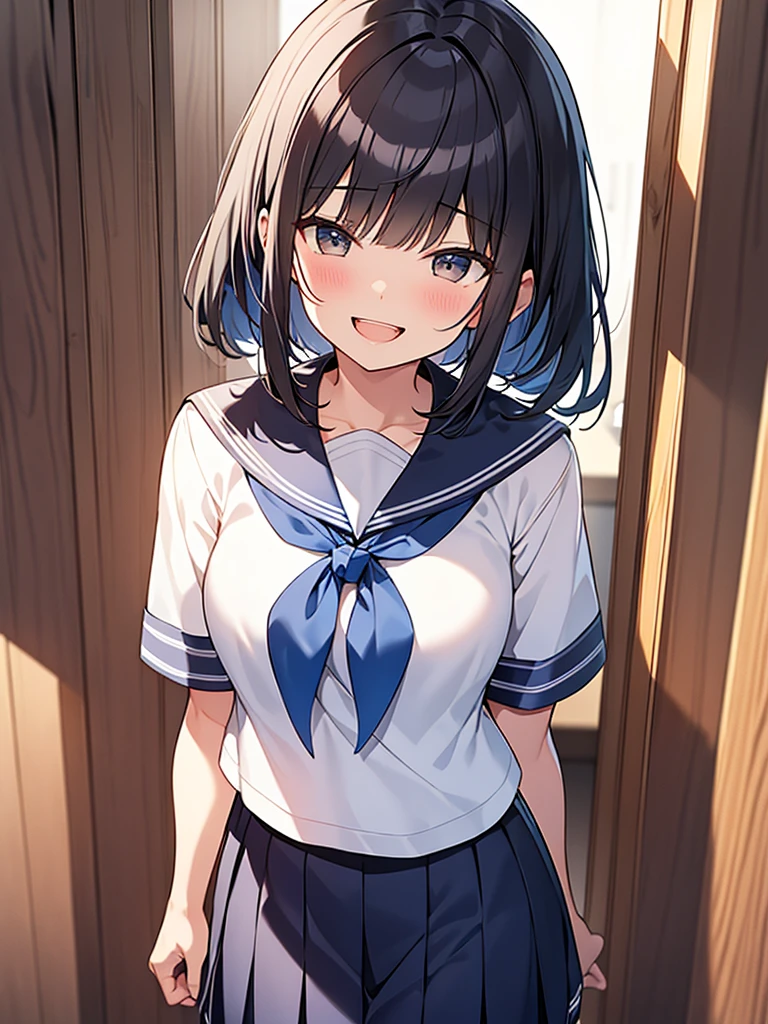 Student council room, dignified smile, open-mouthed laughter, gah-haha laughter, hall々Standing tall woman:1.9 Composition seen from below White summer sailor uniform Navy blue skirt Spirit Short black hair Ponytail:1.9 Straight hair Hair tie Sweep bangs to the side:1.9. Slanted eyes, brown eyes, tall, strong-willed, beautiful