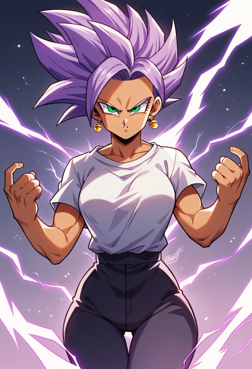 girl, alone, Saiyan, spiky purple hair, green eyes, slim thin waist, wide hips, dark skin, medium breasts, white t-shirt, black pants, super saiyan, lightning around, purple lightning, purple lightning around, energy around, ki energy, purple energy, god of destruction (super dragon ball style), she is generating enormous purple energy with her two hands to attack her opponent