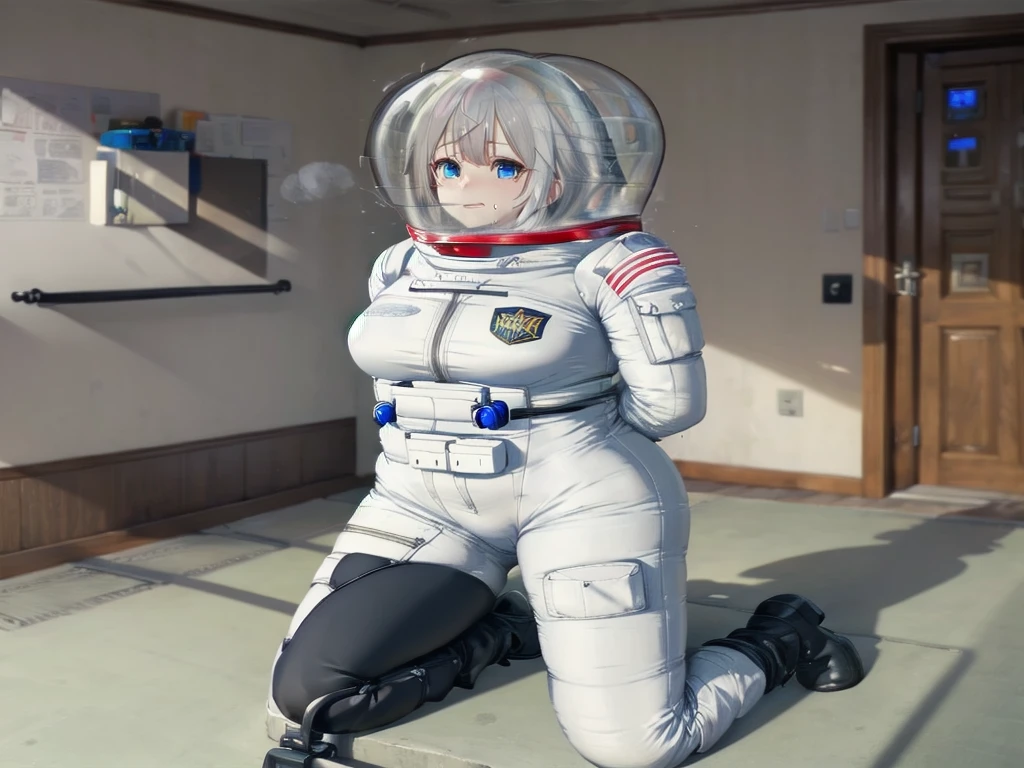 whb, large breasts, white hair, blue eyes, female focus, full body,  sweat, trembling,space suit, space helmet, bubble helmet, (room:1.7), bondage