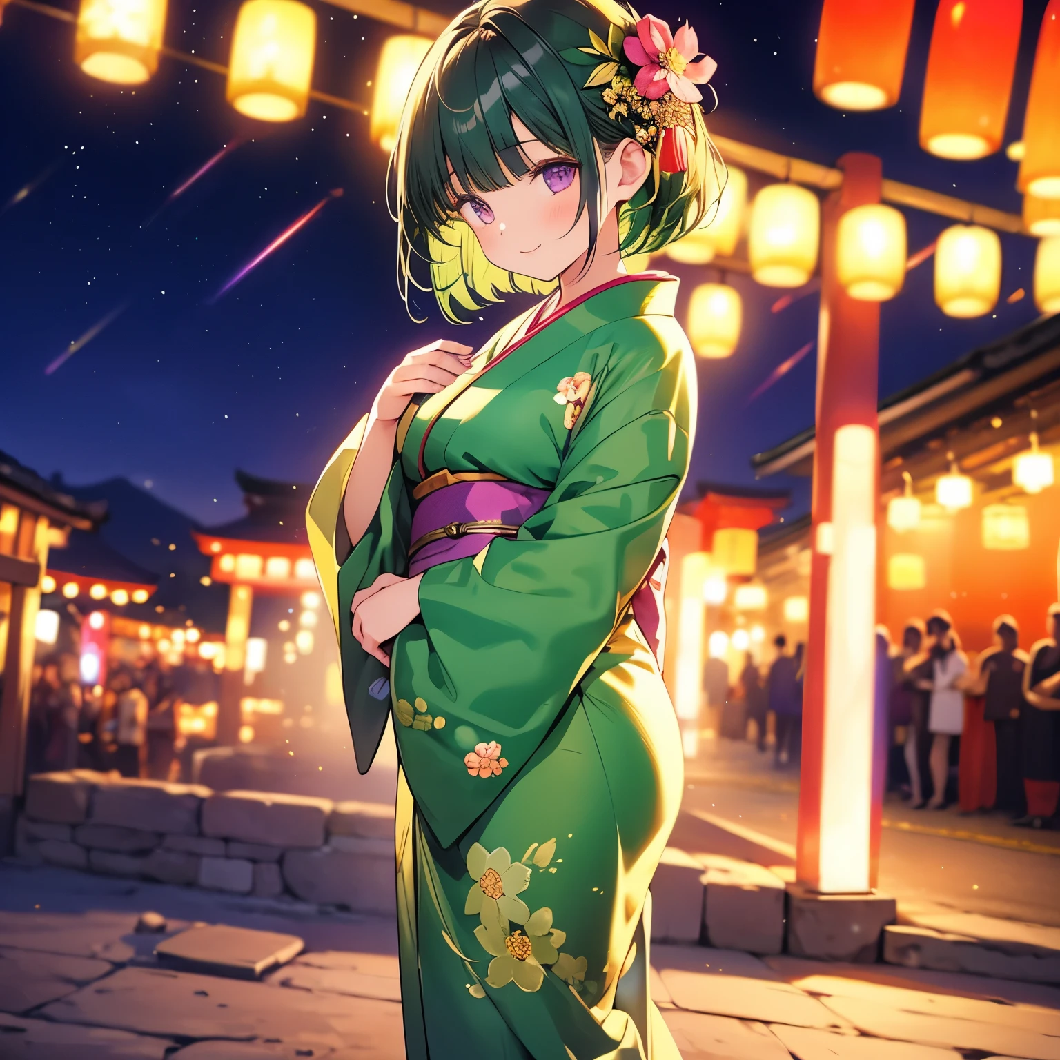 a girl with short hair, happy expression, green hair, a flower in her hair, dressed in a violet yukata and gold details, night Japanese festival background, festival lights, cinematic lighting, high definition, full body focus.