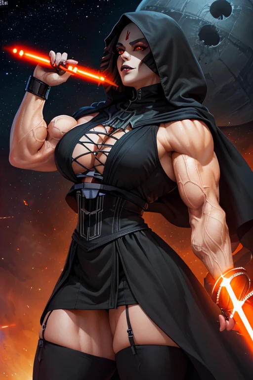((Massive, tall, beautiful, buff, muscular light brown skinned female Sith Lord with black hair, black lipstick, ginormous bulky muscles, holding a red lightsaber and wearing a tiered gothic dress with a Sith hood)), (close view), black eyeliner, massive muscles, massive biceps, hyper muscle triceps, long straight hair, (((glowing orange eyes))), (tiered gothic dress), thigh high boots, In space, (Sith hood), nighttime, (evil smile), hyper muscles arms, hyper muscle legs, massive arms