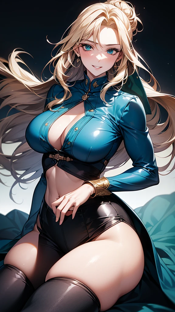 (masterpiece: 1.2), (best quality: 1.2) 1 woman, posing frontally, mature, tall (1.85), appeared to be around 25 years old, had blonde (golden) hair, straight hair and shiny, hair tied in a samurai bun, bangs, emerald green eyes, extremely detailed eyes, perfect eyes, extremely realistic eyes, well-aligned eyes, long eyelashes, anime style, perfect face, milf face, full lips, smiling, mature, fair skin, natural body, sexy body, milf body, perfect hands, detailed hands, hands well proportioned to the body, realistic hands, arms with good anatomy, she only wore a blue leather jacket with long sleeves, silver chest armor, underneath that still couldn't hide her extremely large and huge breasts that hung down due to their size, muscular abs, well-defined six pack abs, black leather pants with blue details on the legs, brown high boots, thick thighs, wide hips, looking to the viewer, close-up background scenery, setting in a European style castle, posing alone looking at the viewer