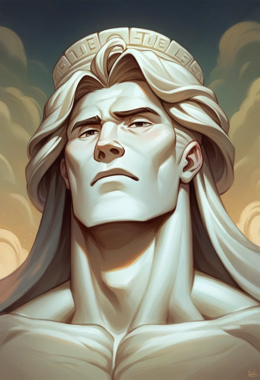 Imagine a fabulous Greek statue, incredibly muscular and striking, with a background of cloudy, nebulous clouds. The statue is sculpted in a stone of bluish hue, somewhat dark, leaning towards a deepe