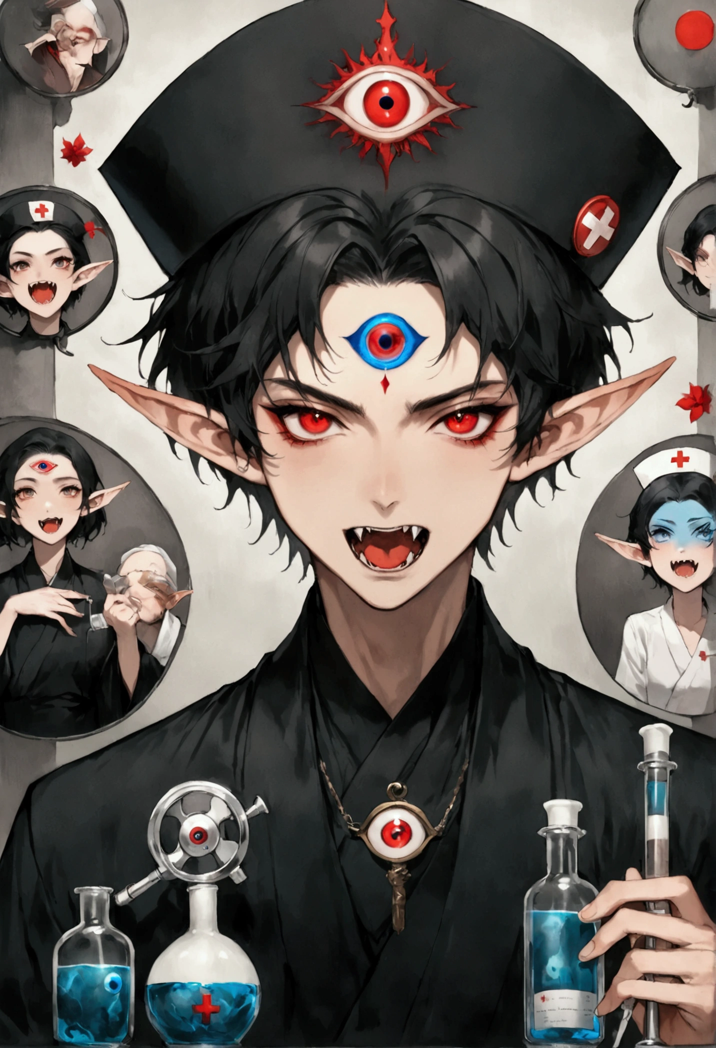 (((1 Boy,short hair,独奏,third eye on the forehead,Elf ears,Fangs))),(((robe:1.6,Eye Diagram,Dark Pattern))).(((Nurse hat,Infusion bottles,medical instruments,rescue,first aid))),whole body,Death Stare Background。body movements