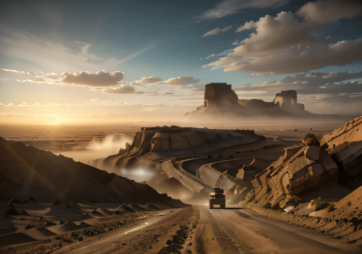 Empty road, sand desert rocky quarry, epic, absurdres, cinematic, dynamic view angle, volumetric lights, mist, cinematic, dutch angle, quarry, dust, volumetric lights, wet road after rain, mist, sunset, sun low on horizon, clouds, sand-works, heavy equipment work, landmark project, lifting sand,