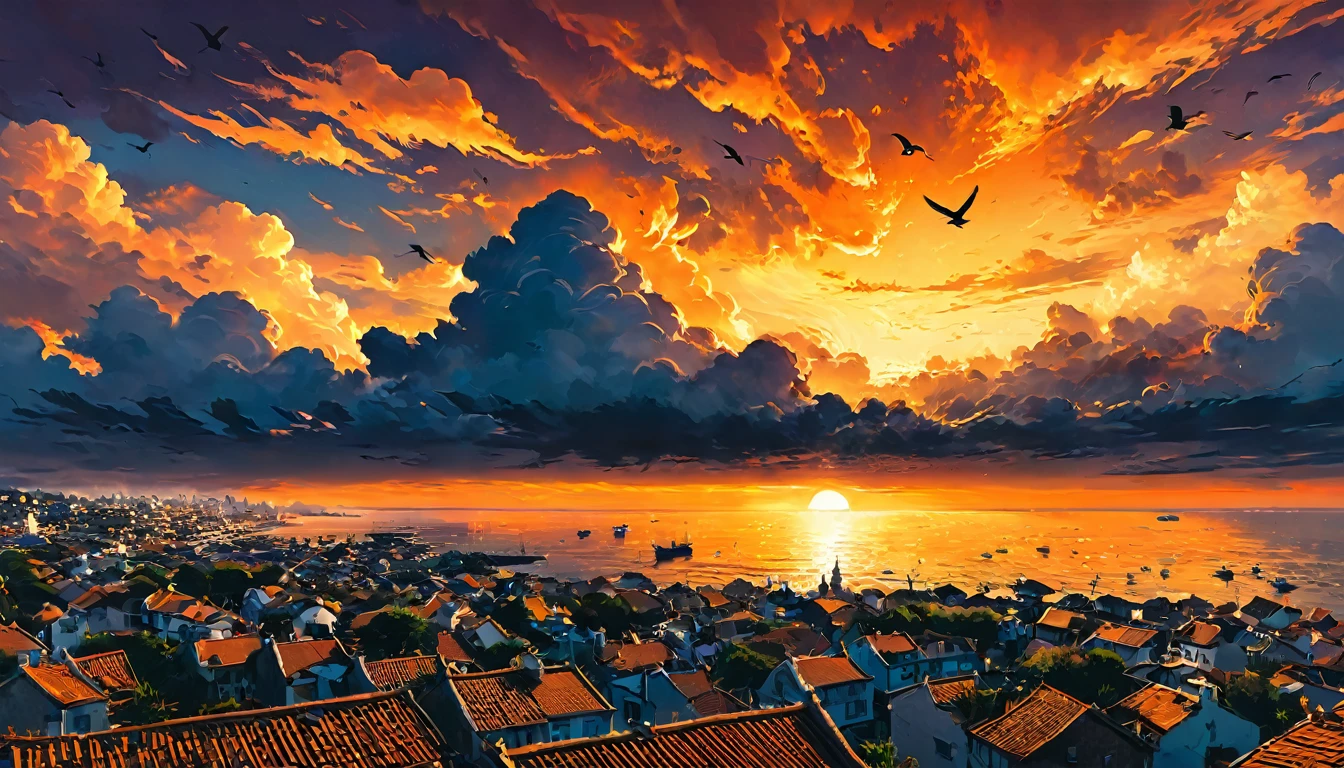 "Sunset sky over a coastal town, with orange-tinted clouds and a flock of birds taking flight, silhouettes of traditional roof tiles in the foreground"