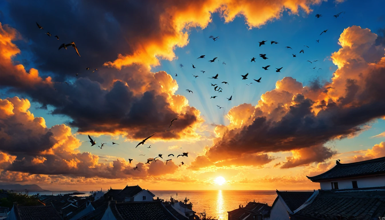 "Sunset sky over a coastal town, with orange-tinted clouds and a flock of birds taking flight, silhouettes of traditional roof tiles in the foreground"