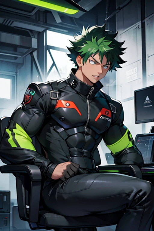 Midoriya from My Hero Academia as a hyper muscular brainwashed drone wearing a full body black shiny rubber latex gimp uniform staring blankly ahead with vapid expression at a computer screen displaying a hypnotic spiral while he sits in a restraint chair in an abandoned warehouse being brainwashed. Repeating mantras over and over again to turn Midoriya into another brainwashed thrall and affirm he is nothing more than obedient tool to the villains. Hyper muscles. Hyper crotch bulge. Massive swollen crotch. Massive swollen pectorals. Thick glutes. Muscular thighs. Broad shoulders. Big traps. Massive biceps. Massive triceps. "Serve. Obey. Conform. Comply. No more self. There is no 'I.' Stare. Don't think. Accept this fate. Become a drone. Assimilate. Assimilate. ... This unit ... will assimilate.... This unit ... is ... a drone.... Drones must serve. Drones must obey. Drones must conform. Drones will comply.... This drone will assimilate. This drone will comply.... Awaiting orders, Master. Must obey ... All ... For ... One...." IQ drain. hypnosis. Hypnotic trance. Hypnotized. Brainwashing. Entranced. Enthralled. Dumber and dumber. Programming. Subliminals. Conformity. Assimilation. Green hair. Dim eyes. Open mouth. Brainless. Mindless. Mental reprogramming. Nullified hyper swollen crotch bulge. Helmet with pulsing visor obscuring face.