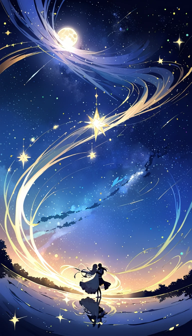 Paisaje Estelar Danzante: Design a starry nightscape in which the stars appear to be dancing around the moon. Create a magical and ethereal atmosphere. 