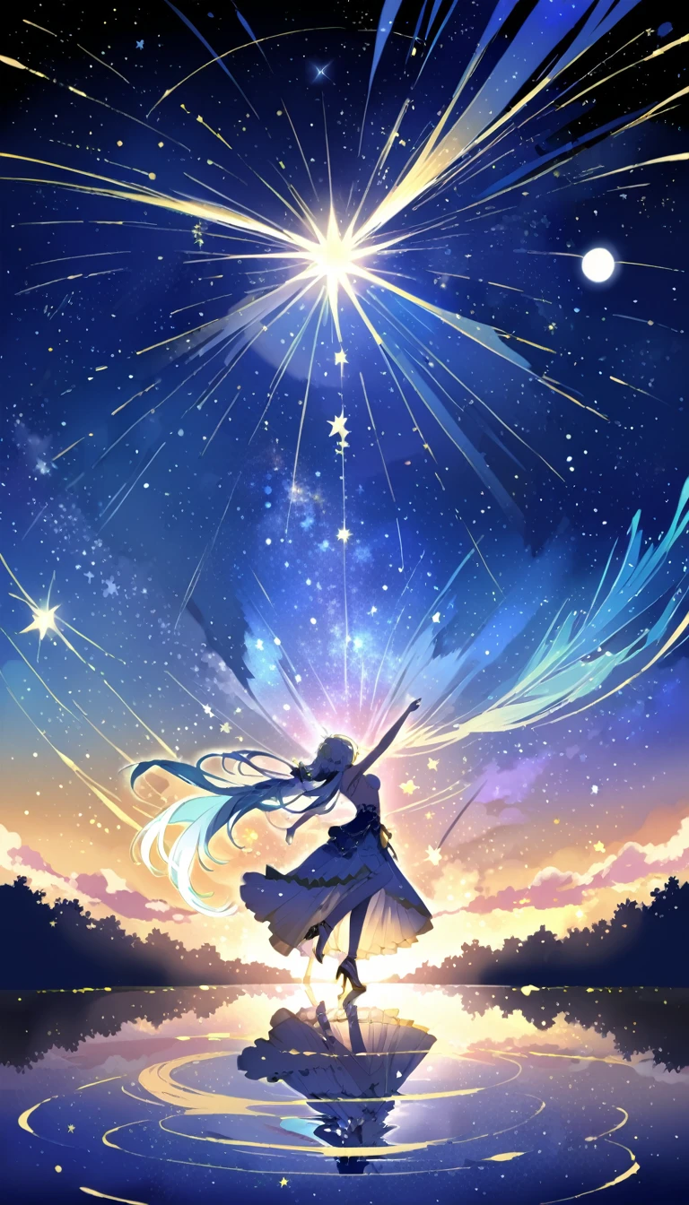 Paisaje Estelar Danzante: Design a starry nightscape in which the stars appear to be dancing around the moon. Create a magical and ethereal atmosphere.