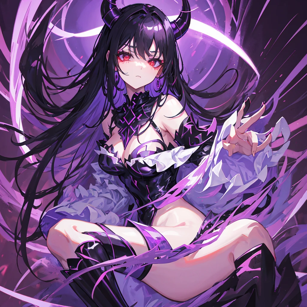 A demon girl with black horns on her head,Royal sister,Black hair,Red eyes,Evil,Sexy,Beautiful figure,Black high heels,((Pure purple background))