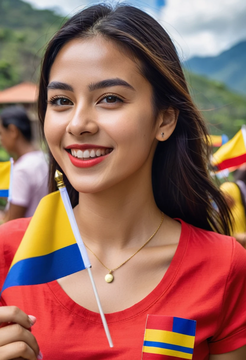 The image shows a young woman in a red shirt who radiates energy and attractiveness. Proudly holding a mini flag of Colombia, whose yellow stripes, blue and red represent its rich culture. The festive atmosphere around reflects joy and celebration, capturing the vibrant spirit of Colombia.