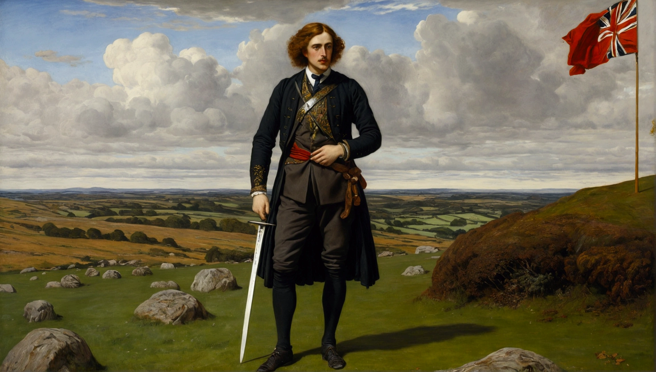 John Everett Millais, Pre-Raphaelites, gentleman, agitate, medieval, Flag, wind, sword