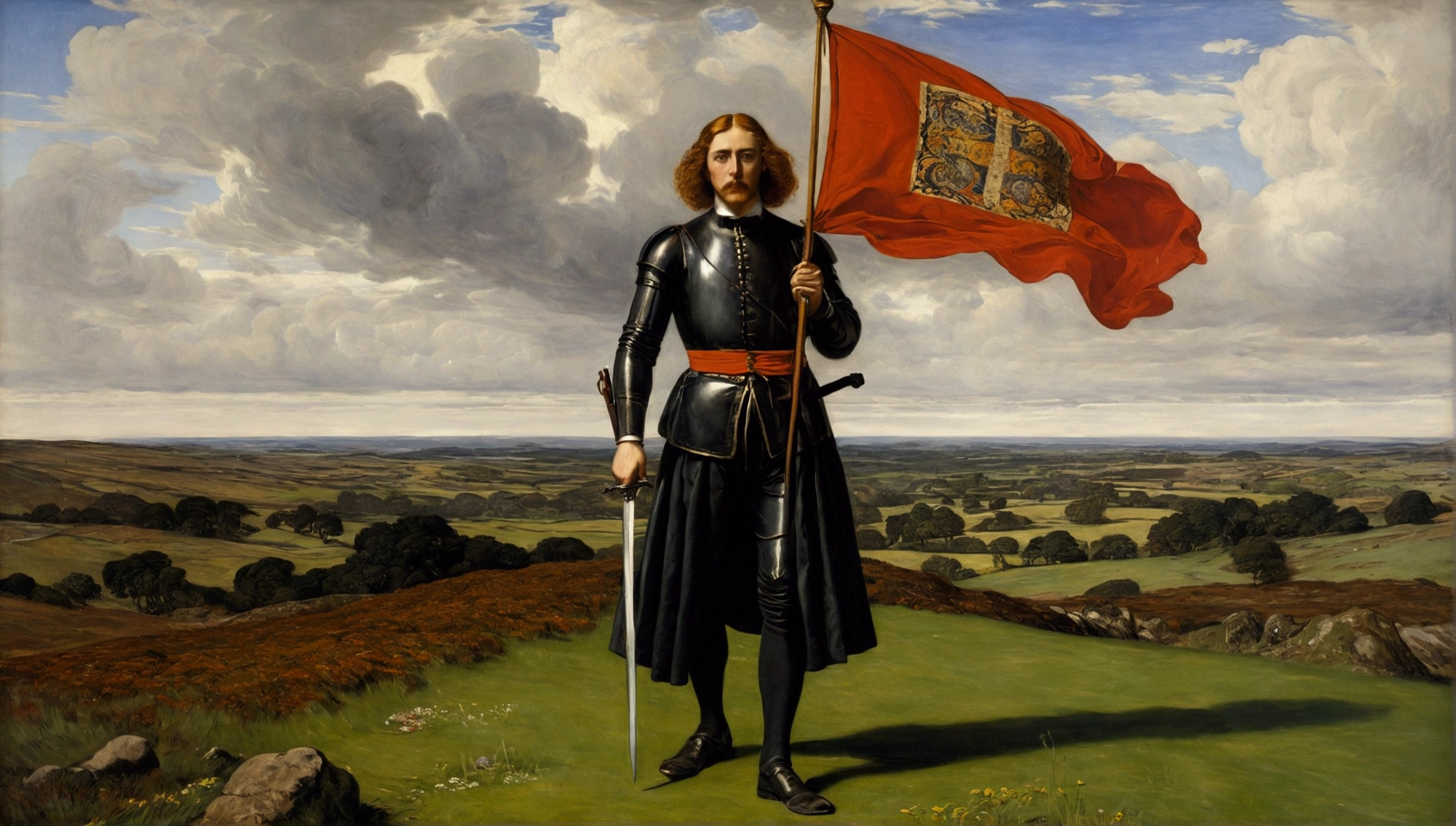 John Everett Millais, Pre-Raphaelites, gentleman, agitate, medieval, Flag, wind, sword