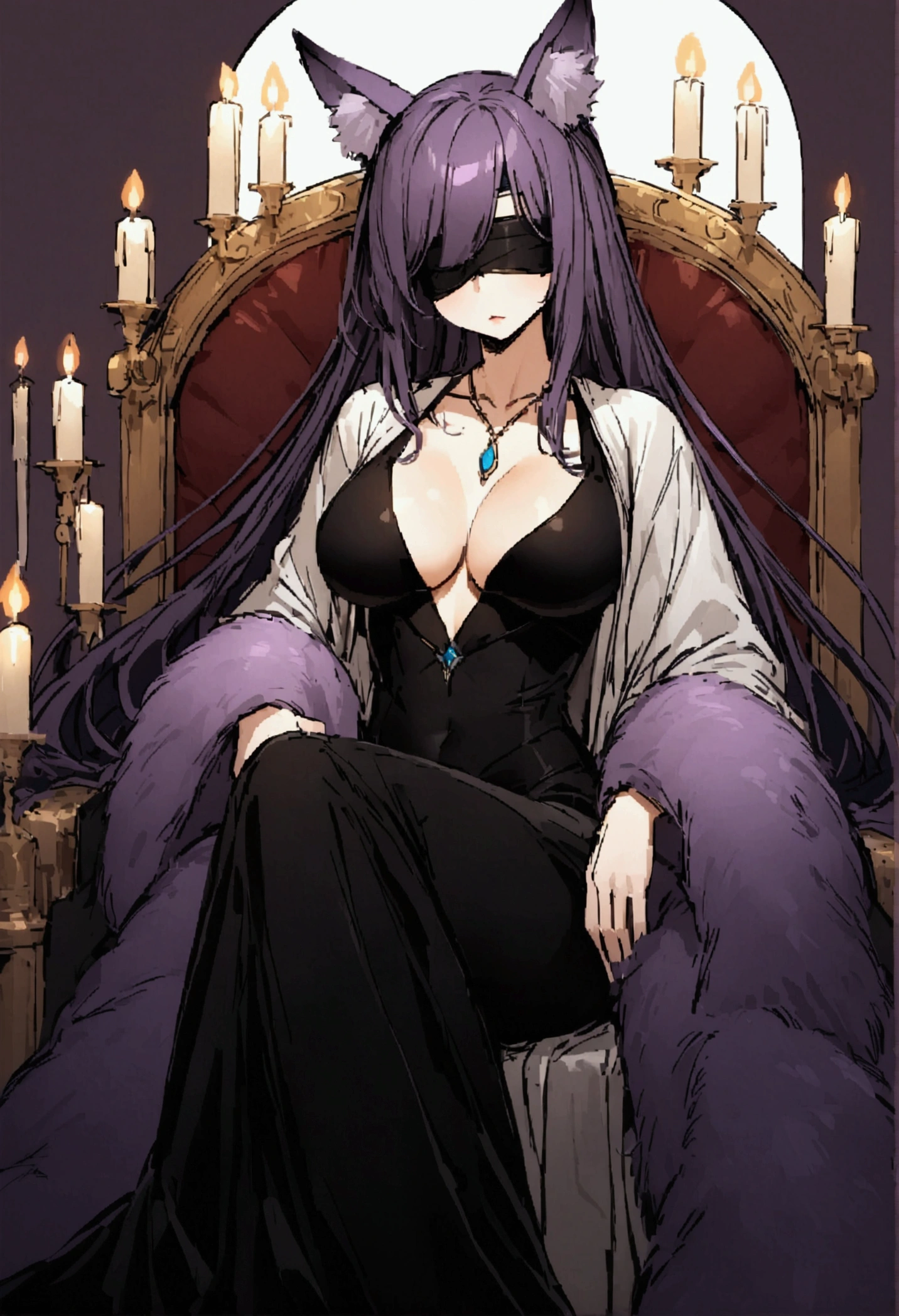 a sexy blindfolded MILF, He has very long purple hair, with transparent fur-lined robe, old, Showing cleavage, has fox ears, relaxing on a throne, surrounded by candles and soft multicolored stuffed animals