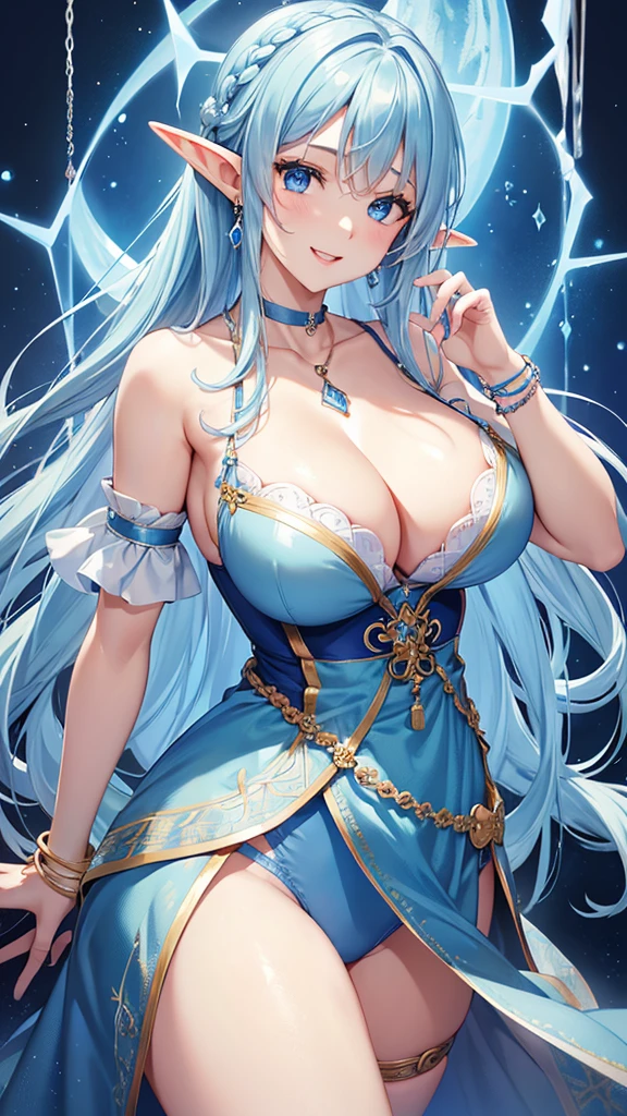 Highest quality、Highest quality、masterpiece、(8k resolution),beauty(Age 25)、(Mature Appearance)、Light blue long hair(Braiding of the sides)、blue eyes、(Blue underwear with detailed embroidery)、(Elf)、Big cleavage、((Very large breasts))、smile、blue necklace、Blue Earrings、background(ice)、Please open your mouth wide、bracelet、Dynamic pose、Blue choker、