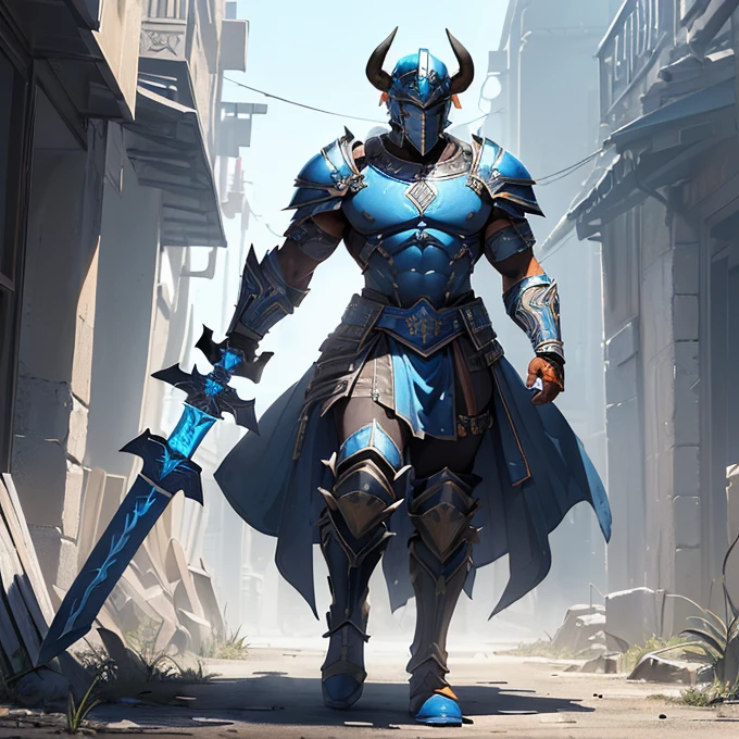 (absurdres, best high quality image, carefuly detailed features and textures, very detailed image, solo character alone, full body view, "god of war aesthetic") {{(1character: male adult minotaur soldier, (grey fur, bovine ears, orange bovine eyes, serious face, bull horns, black nose, pasive demeanor, guarding pose), (blue spartan soldier helmet, blue hoplite breast plate, blue hoplite bulky shoulder platesblue greek skirt, armored hips, blue steel boots, huge greek sword), ((greek spartan city, sunny blue sky)}}