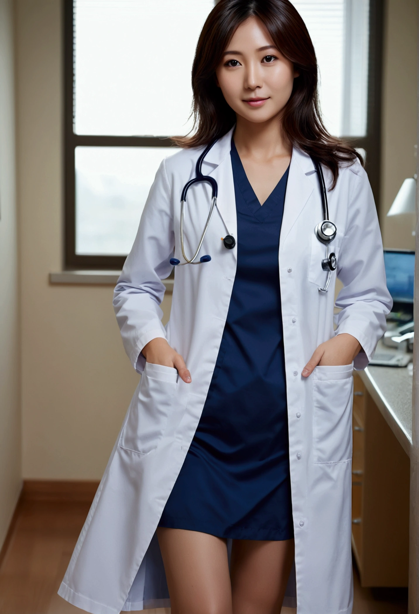 Photorealistic beautiful doctor、stunningly beautiful、doctors white coat, Doctor Fashion、(top-quality、8K、32K、masterpiece、nffsw:1.3)、超A high resolution,(Photorealsitic:1.4),Raw photography, Detailed face,,Beautiful Long hair, ((Doctor Style)), no clothes ,Breast cleavage, Medium full breasts、inside hospital, Detailed background, Perfect Lighting, depth of fields, Beautiful shadow gradient,stethoscope , (((fullbody))), whole body capture, fullbody, legs wide open, open legs, black pubic hair, eyes on camera, details eyes, beautiful eyes,