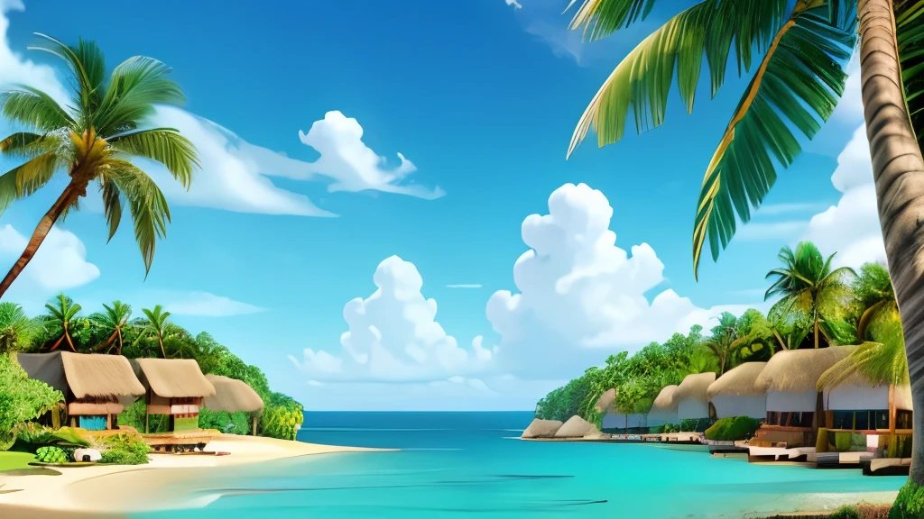 A tropical village by the sea、Ocean View、Background Southland、island、Palm tree、((Shooting from the sky))、Water&#39;s House Army、Multiple Villages