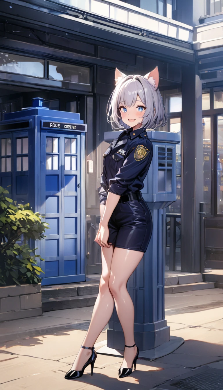 1girl、(((best quality)), ((masterpiece)), (details), masterpiece, best quality, high quality, ulutra detailed, perfect face, ((1girl, Blue eyes, cat ears: 1.3 silver bob hair: 2.5,)) 、Shiny Hair、Glowing Skin、blush、Lustful look、whole body、Police Officer Costume、Police officer shorts、Black stiletto heels、Embarrassed smile、Raise the Japanese sword with both hands、police box、Police Station Background、whole body