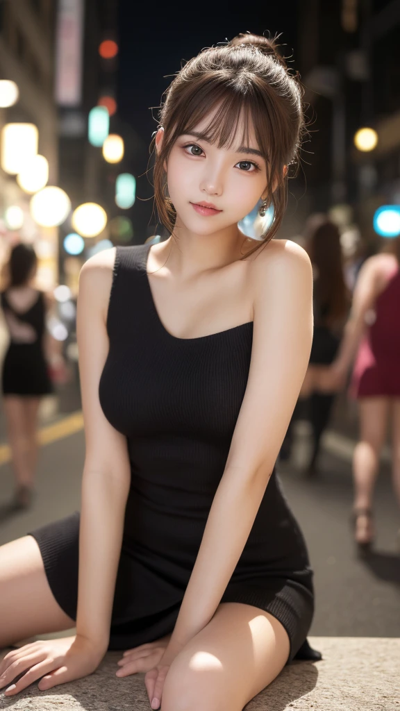 In detail, High resolution, high quality、Perfect dynamic composition, Beautiful fine details, Medium Hair, small 、Natural color lip,Kamimei、Shibuya Ward、20-year-old girl、1 person、Clear Skin、Shiny Hair、Tabletop, 最high quality, figure, Super detailed, In detail, High resolution, 8k、The correct state of the human body、Randomly cute poses,ponytail,Beautiful feet,Perfect beautiful face,KPOP idol faces,Ecstatic face,Black knit dress,Background Blur,strike a random sexy pose,night