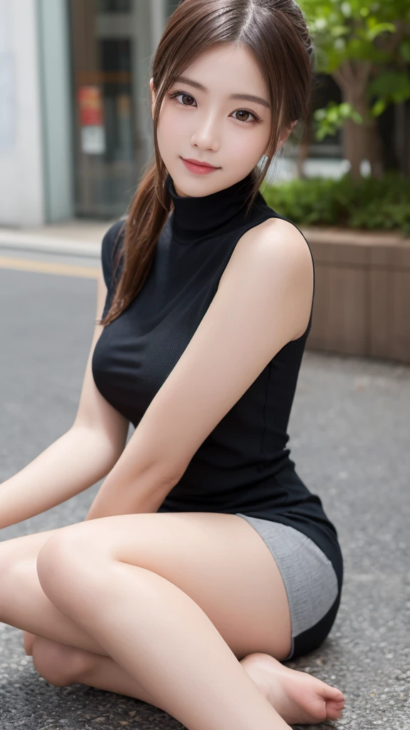 In detail, High resolution, high quality、Perfect dynamic composition, Beautiful fine details, Medium Hair, small 、Natural color lip,Kamimei、Shibuya Ward、20-year-old girl、1 person、Clear Skin、Shiny Hair、Tabletop, 最high quality, figure, Super detailed, In detail, High resolution, 8k、The correct state of the human body、Randomly cute poses,ponytail,Beautiful feet,Perfect beautiful face,KPOP idol faces,Ecstatic face,Black knit dress,Background Blur,strike a random sexy pose,night