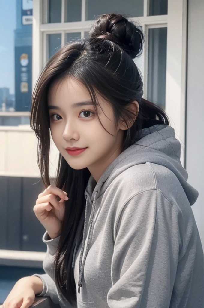 Beautiful ,16 years young girl healthy, confidential looking,8k,realistic,dark brown hair,fair skin, indian,long hair,clear facial features, wearing Grey hoodie, bun hairstyle, pointing at hair,Laughing, terrace