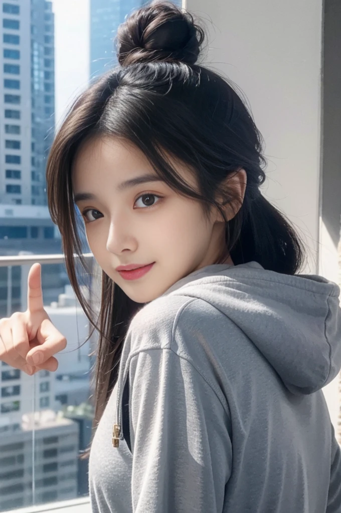 Beautiful ,16 years young girl healthy, confidential looking,8k,realistic,dark brown hair,fair skin, indian,long hair,clear facial features, wearing Grey hoodie, bun hairstyle, pointing at hair,Laughing, terrace