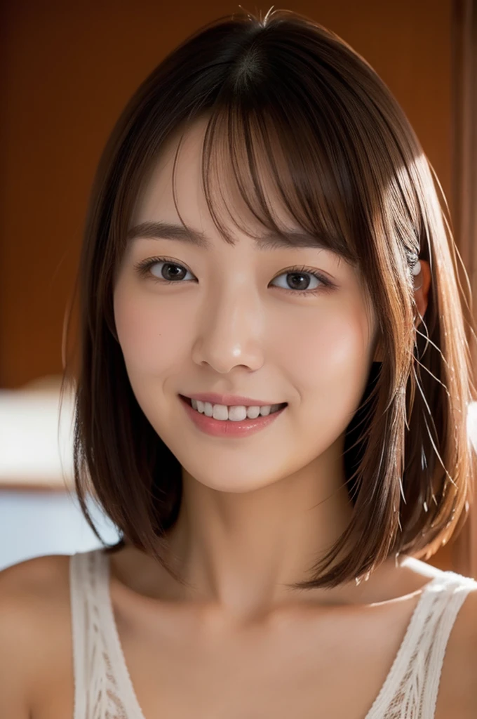 (Highly realistic photos, High resolution, Detailed face, Fine grain), ((Shooting in the room))、Japanese women, 20-year-old, A variety of expressions, alone:1, Slim figure, Round eyes、Various hairstyles, Casual clothing, 写真の中でalone、Selfie、Photographed in natural light、Simple Necklace、Spring Clothes、Looking at the camera、profile、Dark Brown Hair Color、The chest is visible、smile