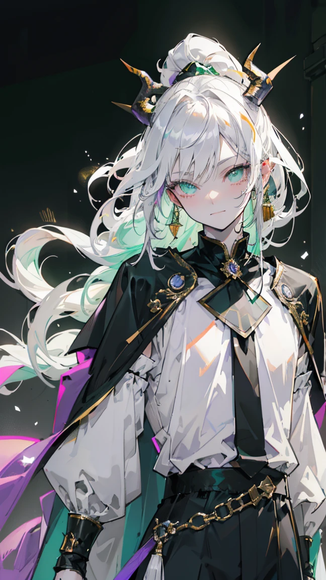 cheerful boy aristocrat open forehead. dark green hair braided in a ponytail on the left side to one side. sinuous black horns wrapped in dark green ribbon. pale green eyes. in short dark green shorts. long white T-shirt. dark green knee-high socks. a white long robe with a hood flutters in the wind. black ancient stone walls of the castle purple light from lamps with gold ornaments, heterochromia, long curly hair, pale skin, I look at the viewer, closed mouth, bright smile, Beautiful, extremely detailed eye, Absolutely amazing art, extremely detailed, Digital art of the highest quality, full length, old piano, ancient walls of a stone castle