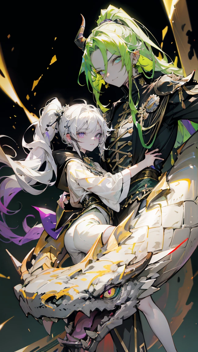 cheerful boy aristocrat open forehead. dark green hair braided in a ponytail on the left side to one side. sinuous black horns wrapped in dark green ribbon. pale green eyes. in short dark green shorts. long white T-shirt. dark green knee-high socks. a white long robe with a hood flutters in the wind. black ancient stone walls of the castle purple light from lamps with gold ornaments, heterochromia, long curly hair, pale skin, I look at the viewer, closed mouth, bright smile, Beautiful, extremely detailed eye, Absolutely amazing art, extremely detailed, Digital art of the highest quality, full length, old piano, ancient walls of a stone castle 