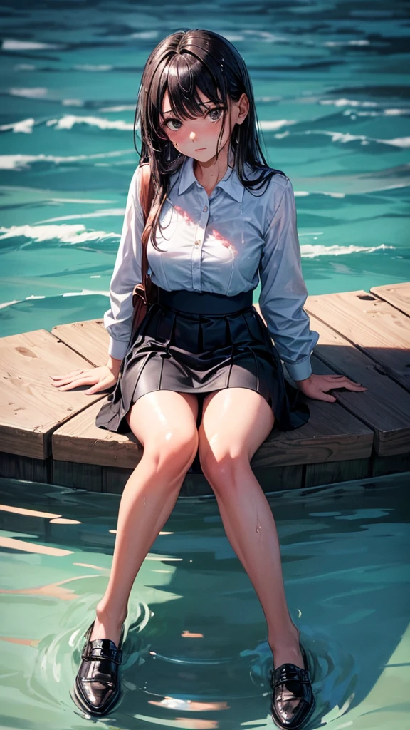 Girl sitting, leg crossed, leg looks shiny and hot, she is in a skirt and is a little wet, her face is a little flushed and she looks disgusted